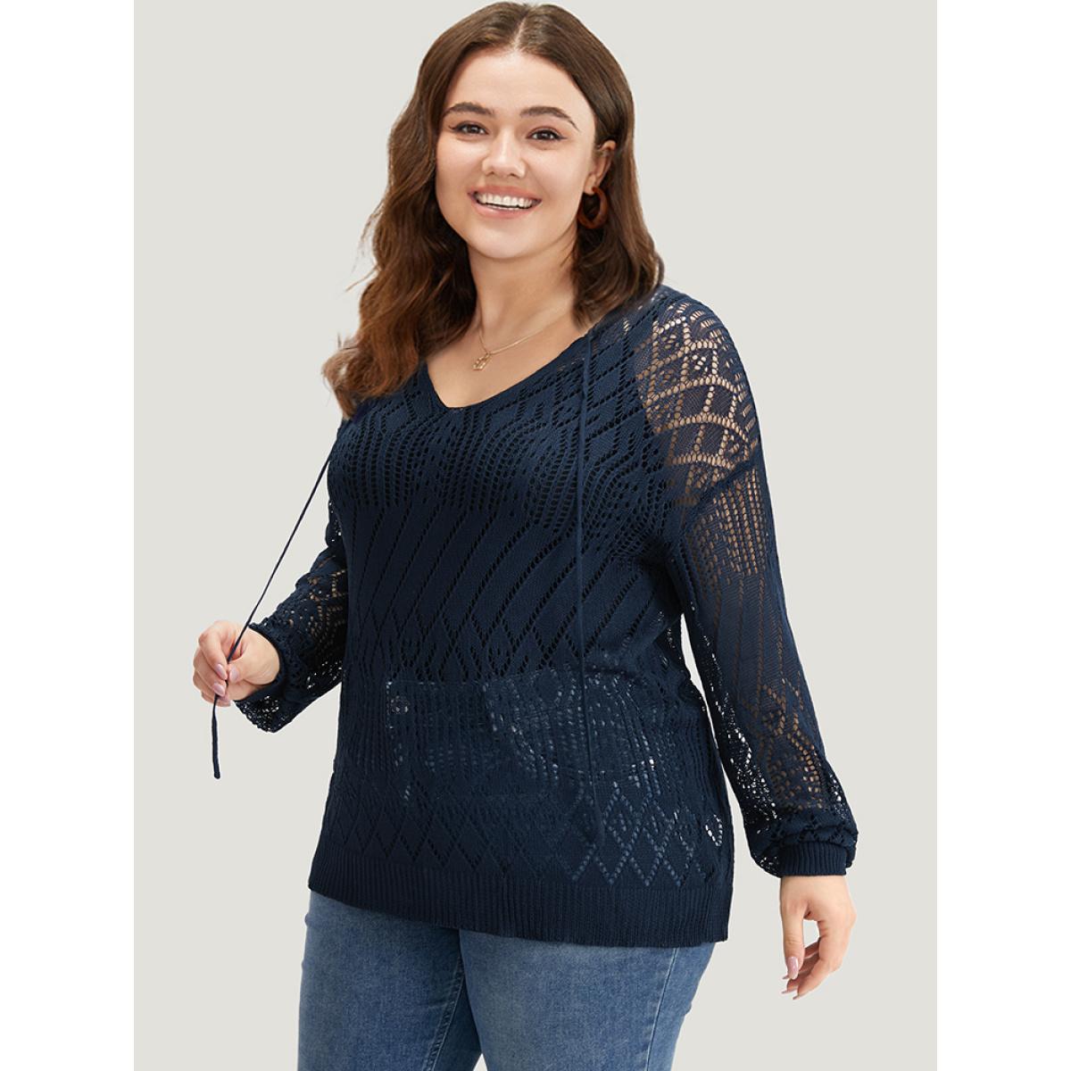 Plus Size Plain Geometric Hollow Out Knot Neck Pullover Indigo Women Casual Long Sleeve V-neck Everyday Pullovers BloomChic 10/M Product Image