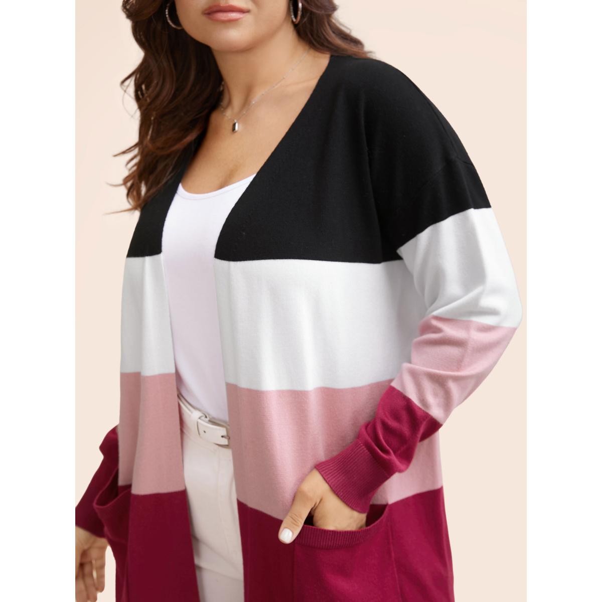 Plus Size Supersoft Essentials Colorblock Contrast Pocket Cardigan Rosered Women Casual Loose Three Quater Length Sleeve Everyday Cardigans BloomChic 22-24/3X Product Image