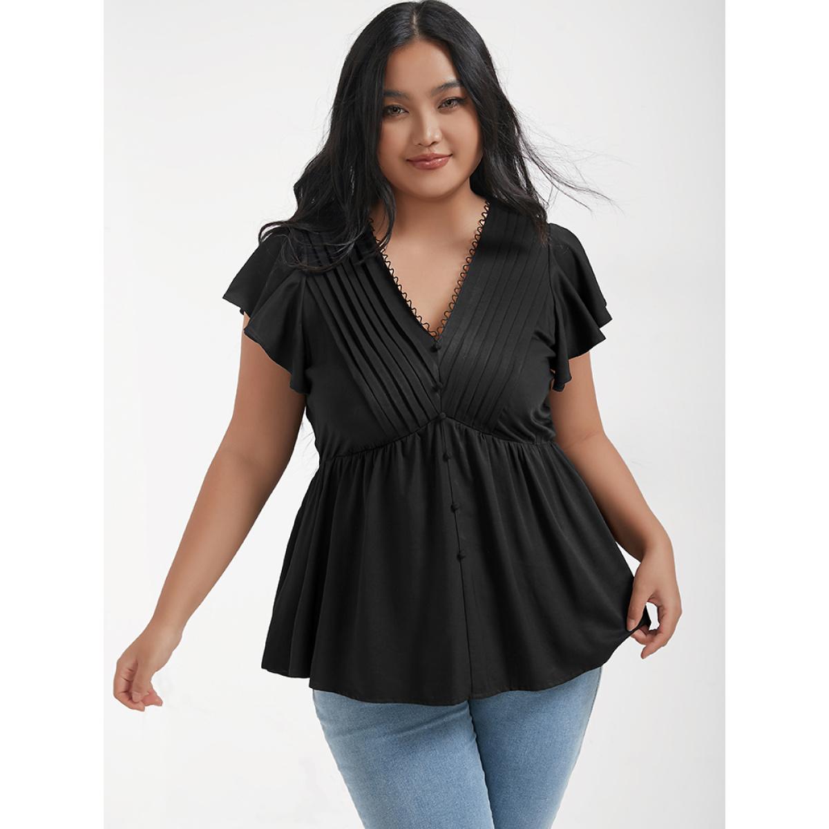 Pleated Flutter Sleeve Plain Plus Size Women Dailywear Blouses Short Sleeve V Neck Elegance Blouses BloomChic Product Image