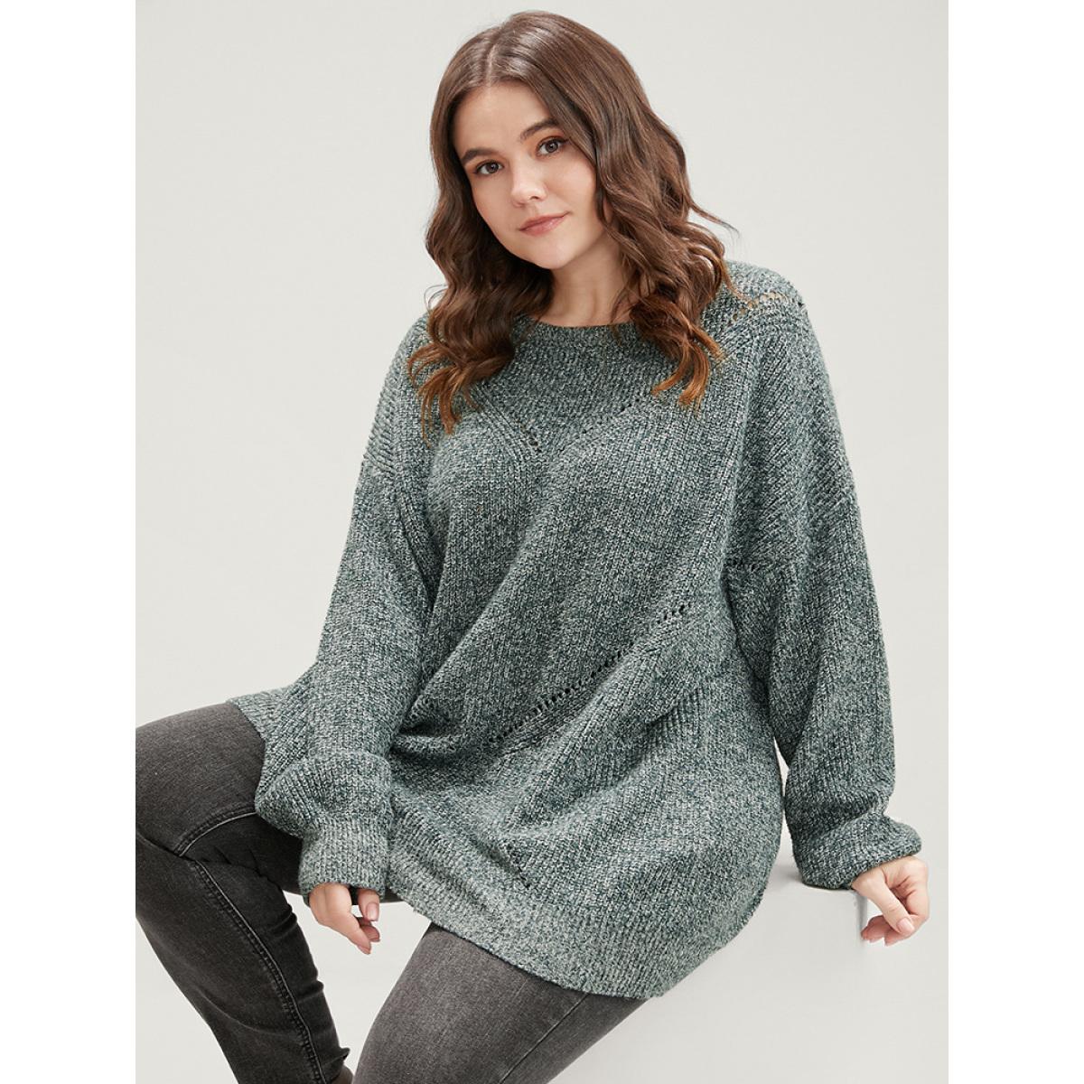 Plus Size Solid Pointelle Knit Round Neck Cut Out Heather Knit Top Cyan Women Casual Loose Long Sleeve Round Neck Dailywear Pullovers BloomChic 26/4X Product Image