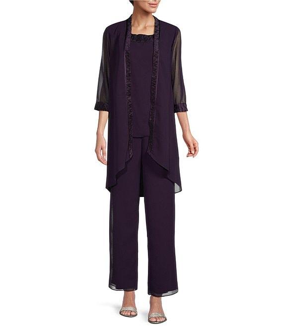 Le Bos Round Neck 3/4 Sleeve Georgette Tonal Trim Evening 3-Piece Pant Set Product Image