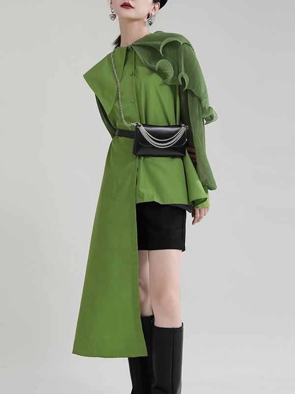 Long Sleeves Loose Asymmetric Pleated Solid Color Split-Joint Falbala Lapel Blouses&Shirts Tops Product Image