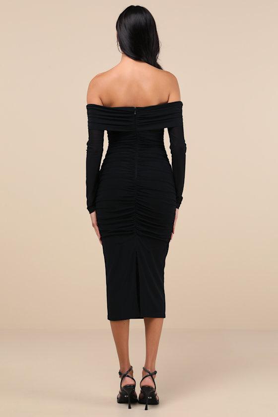 Valda Black Mesh Ruched Off-the-Shoulder Midi Dress Product Image