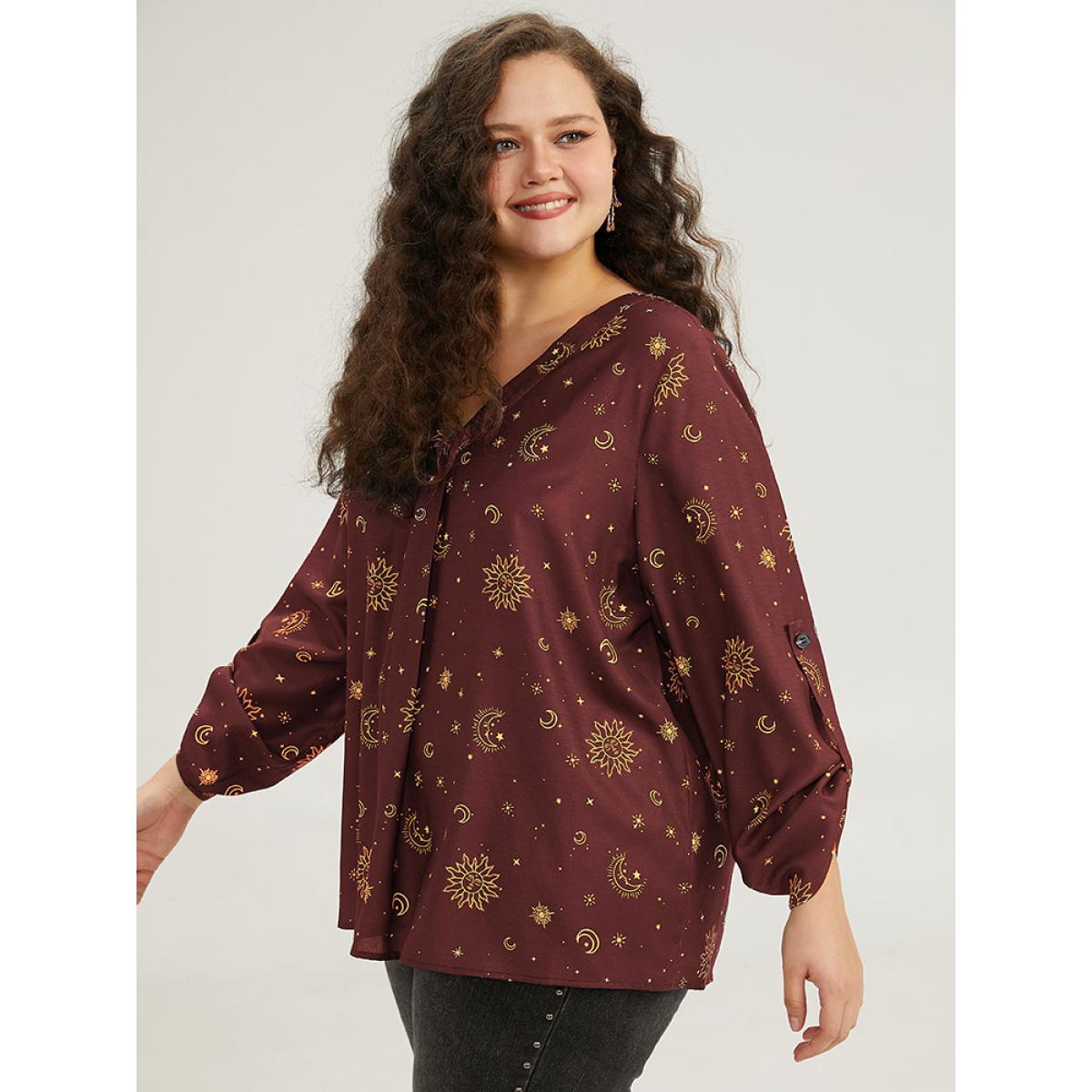 Plus Size Scarlet Halloween Moon & Star Print Pleated Tab Sleeve Blouse Women Elegant Elbow-length sleeve V-neck Festival-Halloween Blouses BloomChic 18-20/2X Product Image
