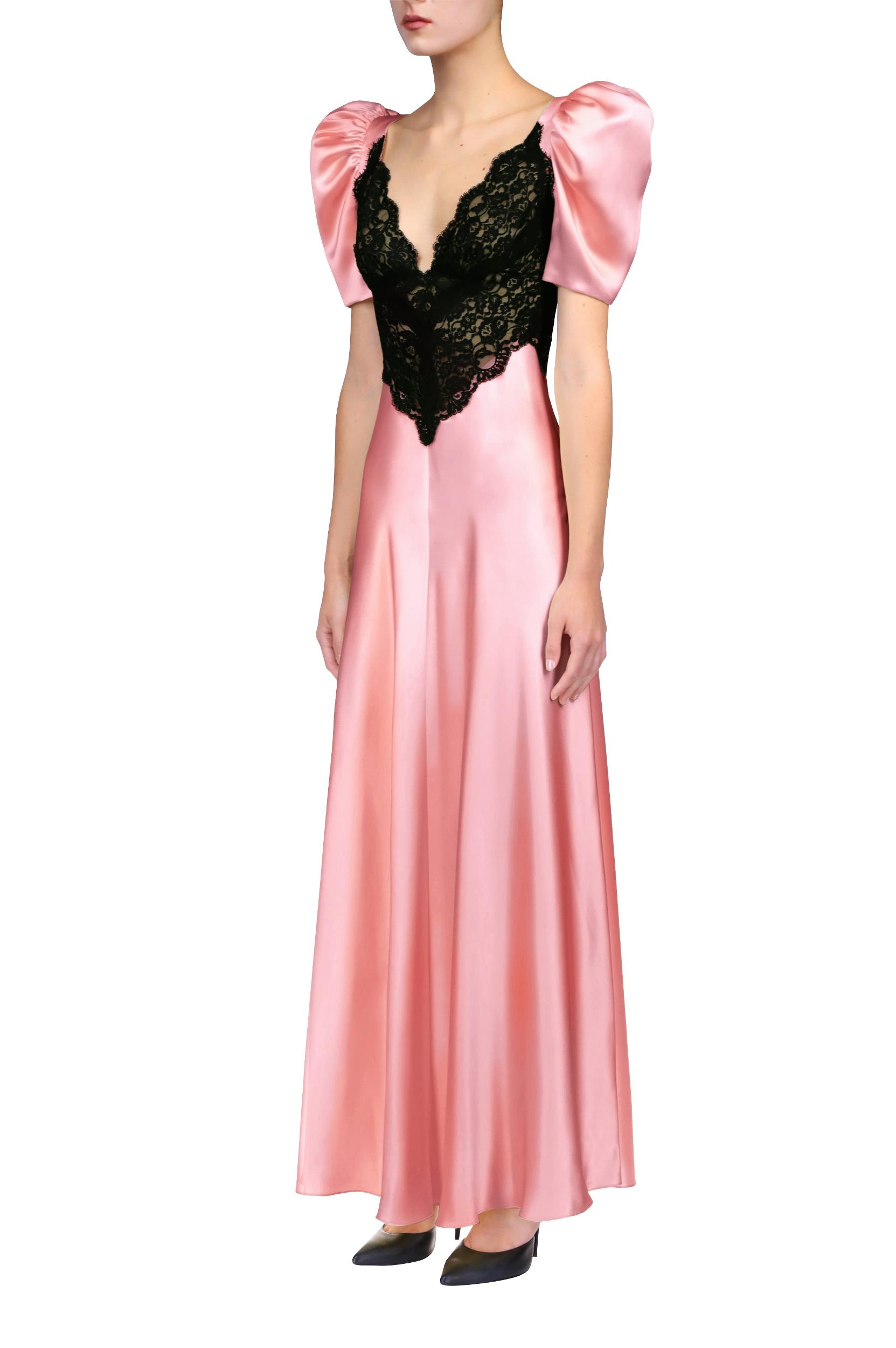 Pink Silk Satin Bias Dress With Black Lace Bodice Detail Product Image