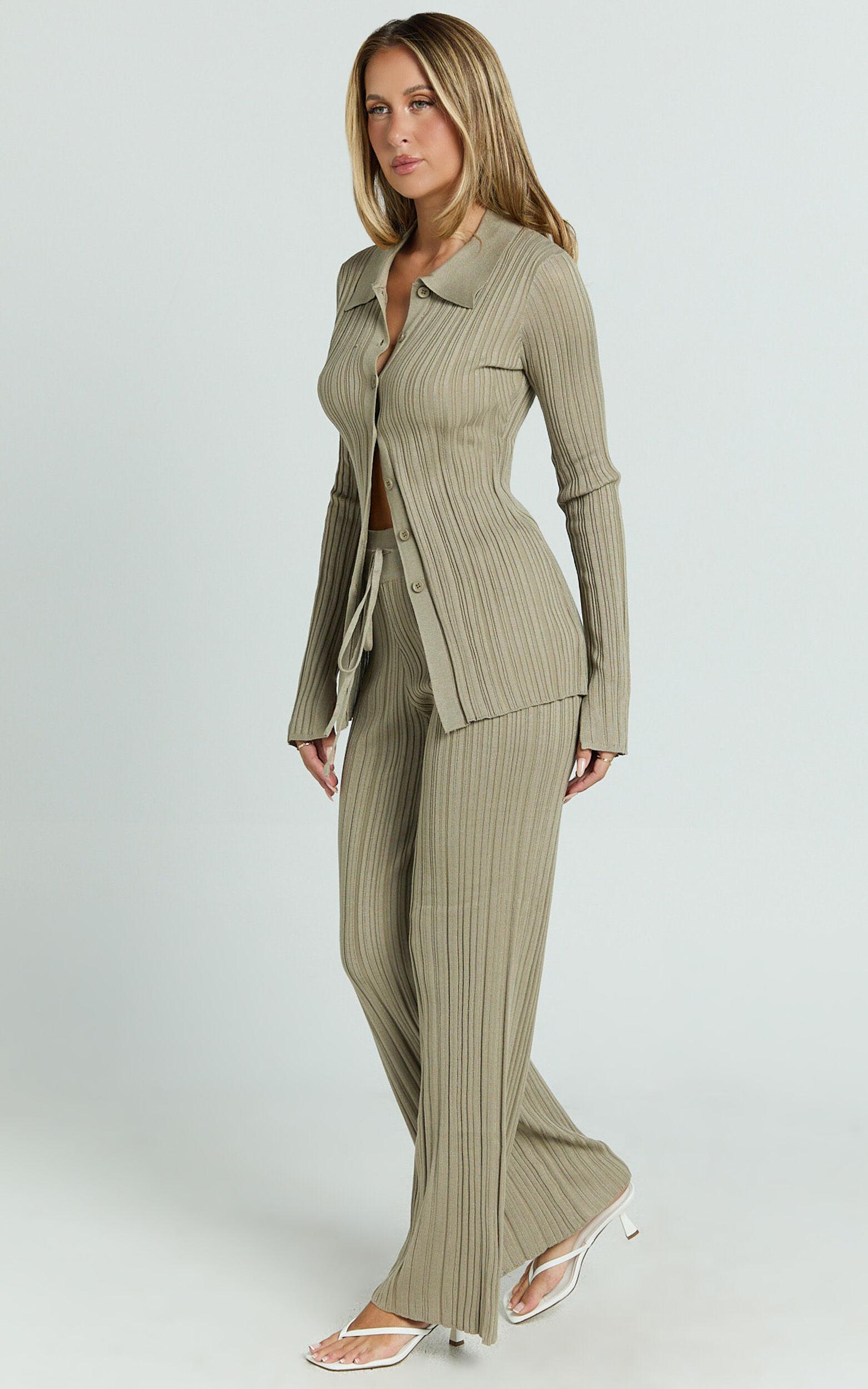 Kelsey Top - Button Through Long Sleeve Knitted Top in Taupe Product Image