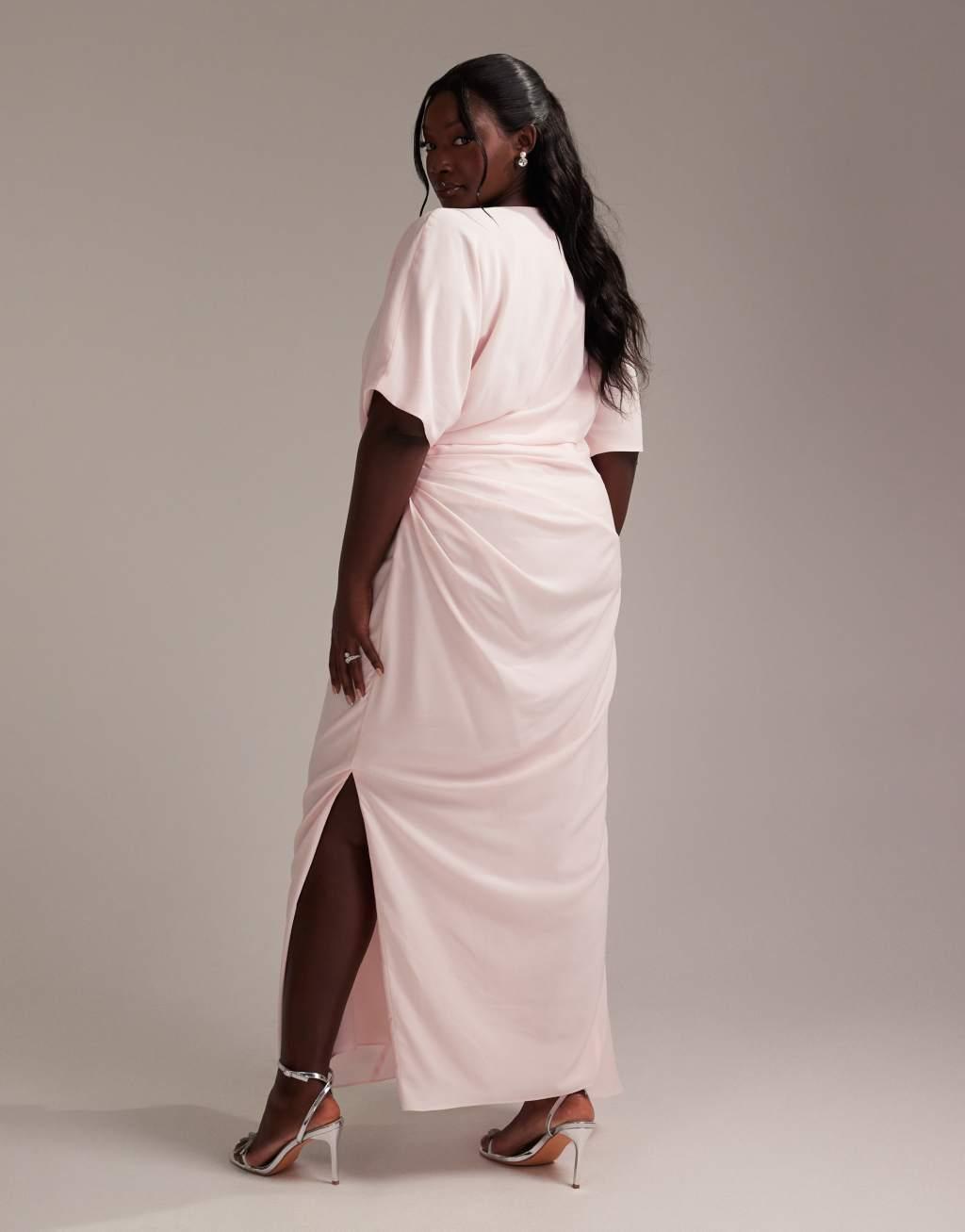 ASOS DESIGN Curve Bridesmaids slash neck crepe t-shirt sleeve minimal drape maxi dress in soft pink Product Image