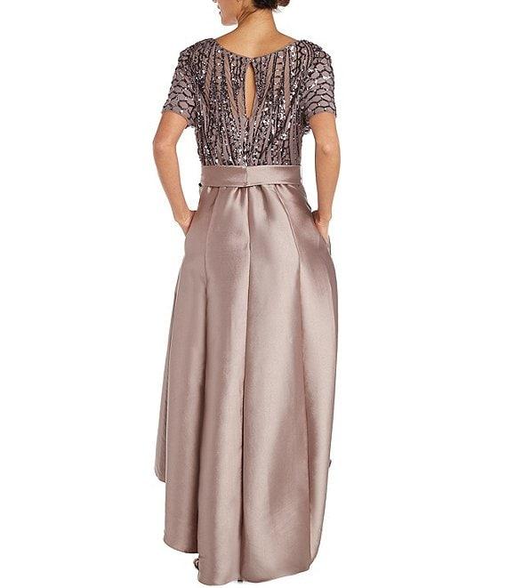 R & M Richards Scoop Neck Short Sleeve Embroidered Sequin High-Low Gown Product Image