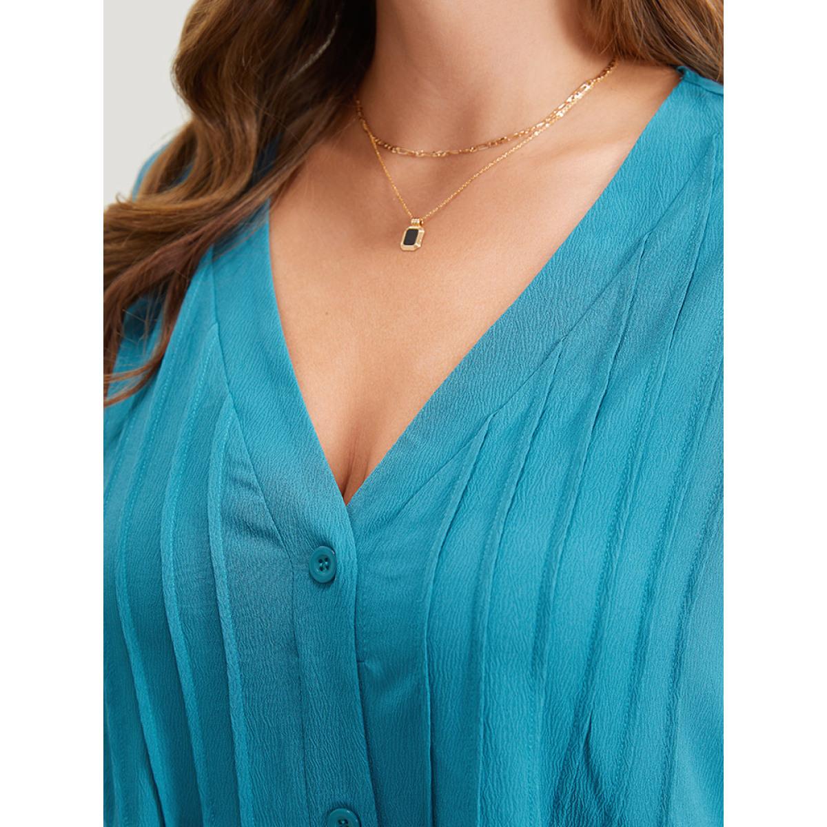 Plus Size Solid Plicated Detail Button Through Tank Dress Cerulean Women Vacation Button V-neck Sleeveless Curvy Knee Dress BloomChic 12/L Product Image