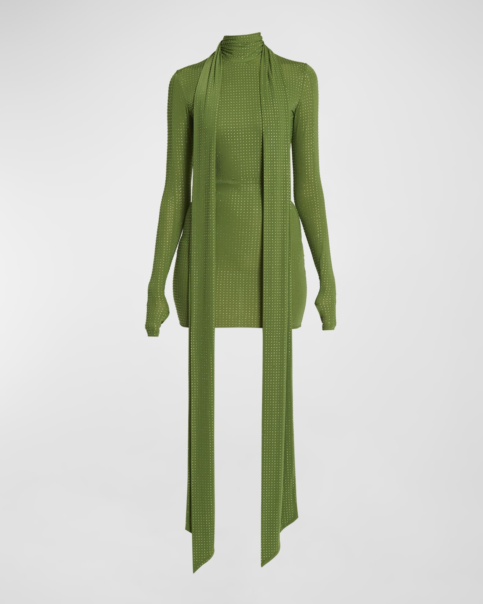 Crystal Embellished Long-Sleeve Scarf-Neck Mini Dress Product Image