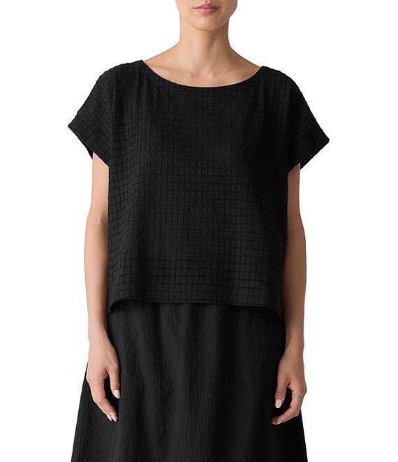 Eileen Fisher Organic Cotton Blend Airy Box Pattern Boat Neck Short Sleeve Top Product Image