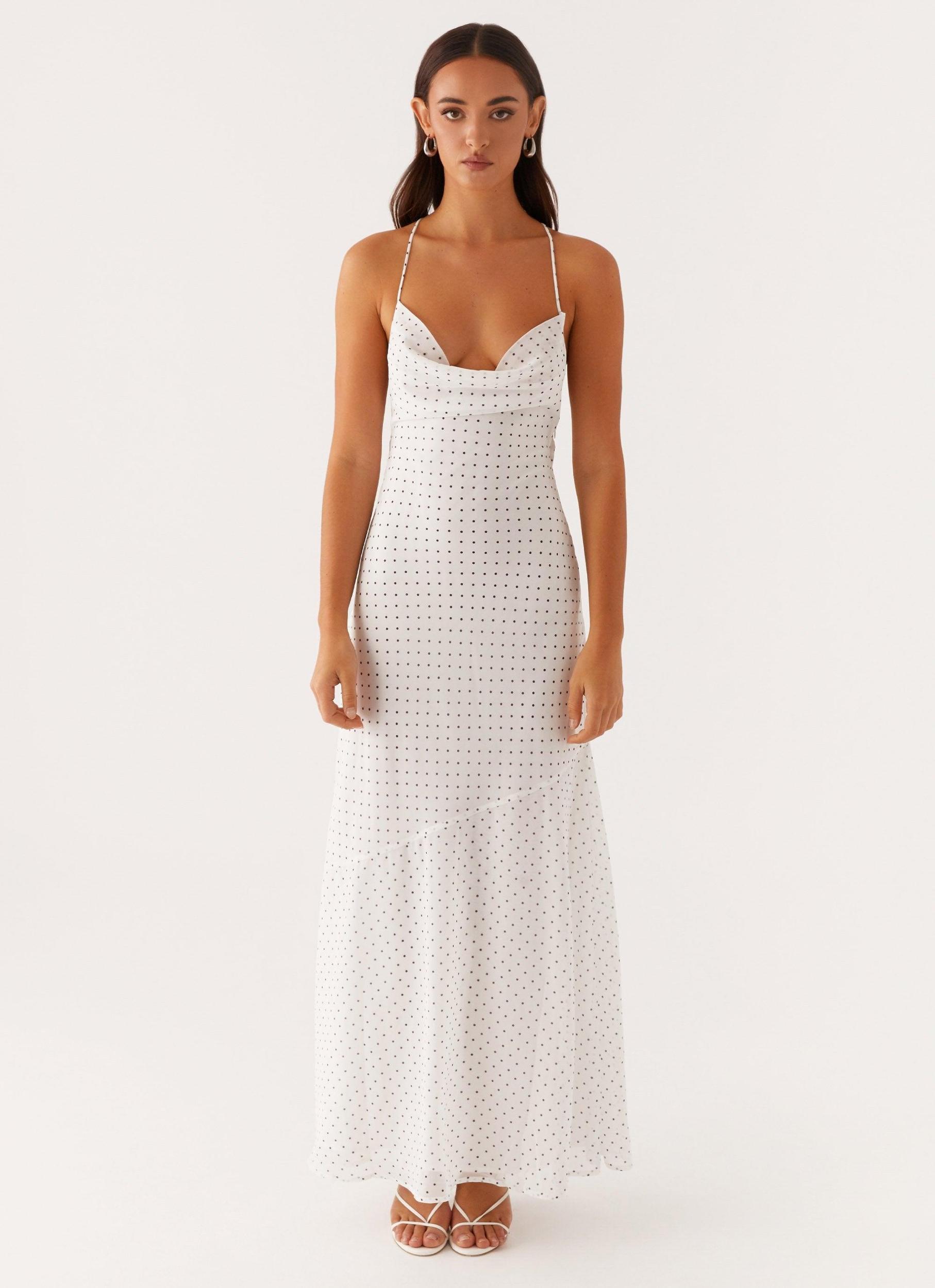 Alianna Cowl Neck Mesh Maxi Dress - White Polka Dot Product Image