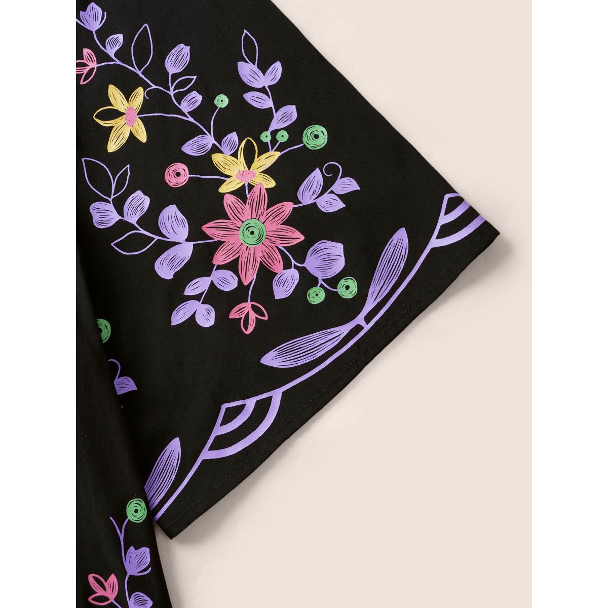 Plus Size Black Boho Print Gathered Ruffle Sleeve Blouse Women Elegant Half Sleeve Round Neck Everyday Blouses BloomChic 14-16/1X Product Image