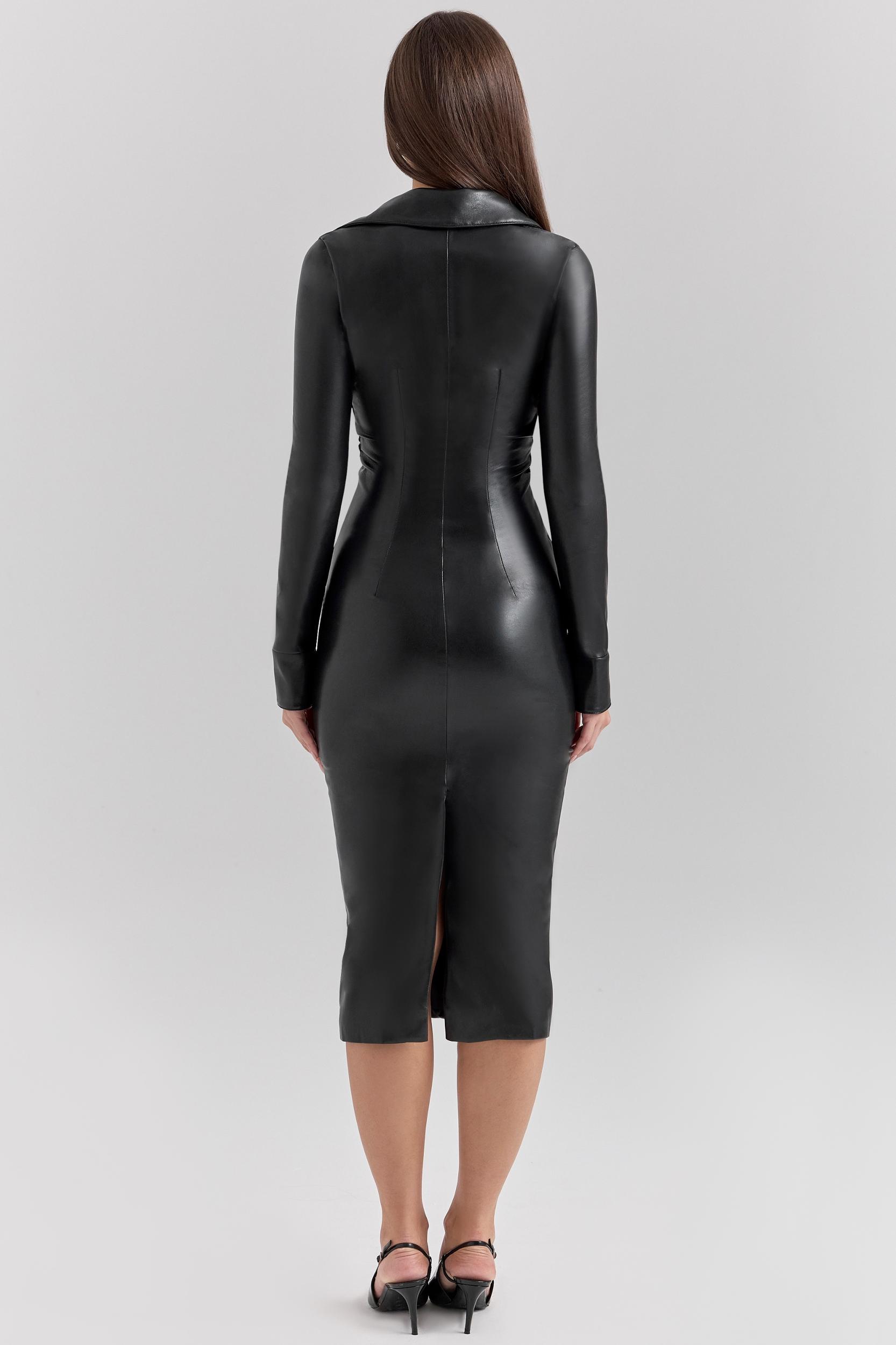 Viola  black vegan leather long sleeve midi dress Product Image