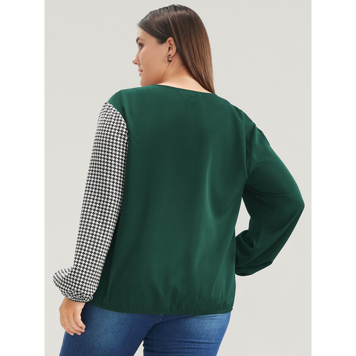 Plus Size DarkGreen Houndstooth Patchwork Lantern Sleeve Blouse Women Office Long Sleeve V-neck Work Blouses BloomChic 30/6X Product Image