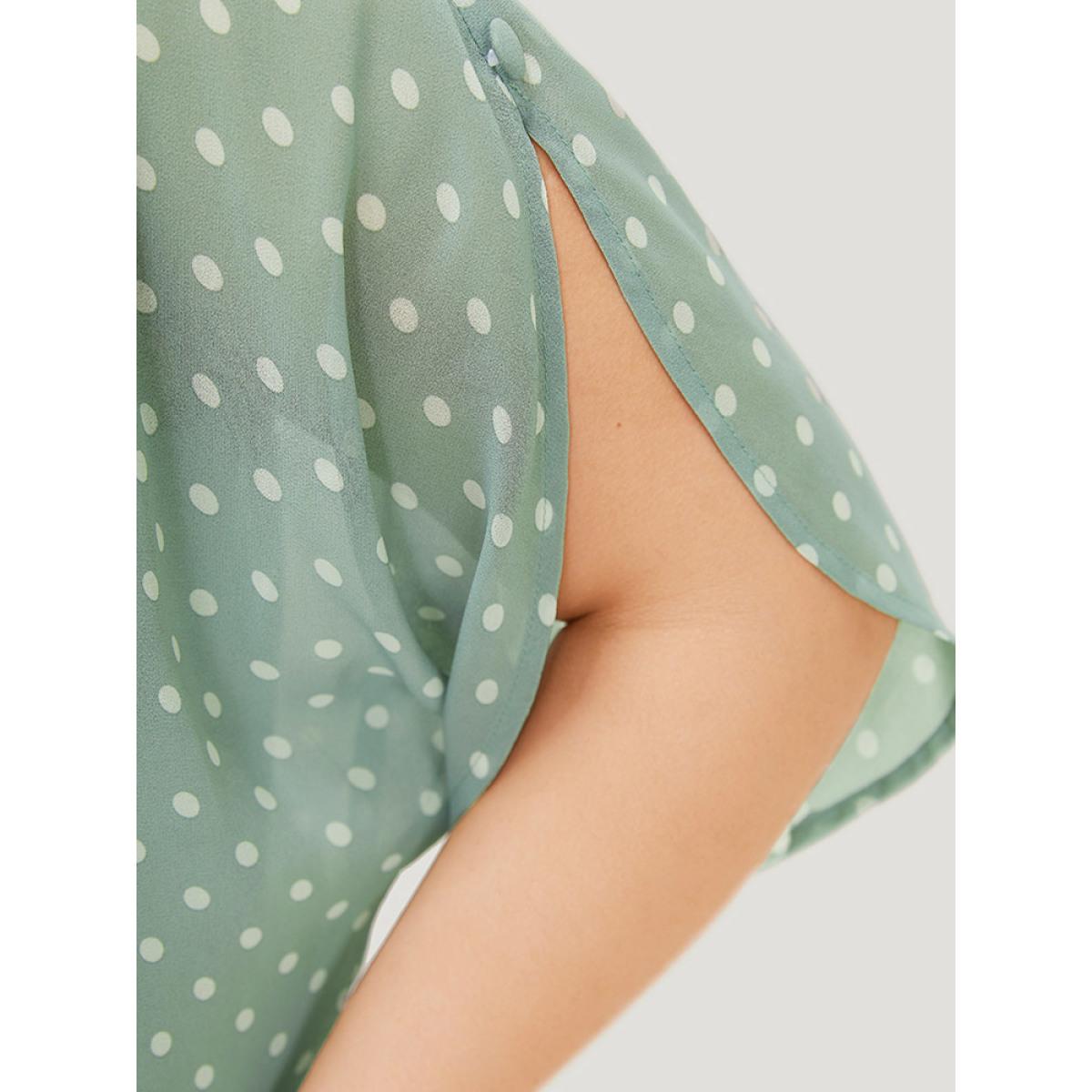 Plus Size Mint Polka Dot Pleated Button Detail Split Sleeve Blouse Women Elegant Half Sleeve Round Neck Dailywear Blouses BloomChic 14-16/1X Product Image