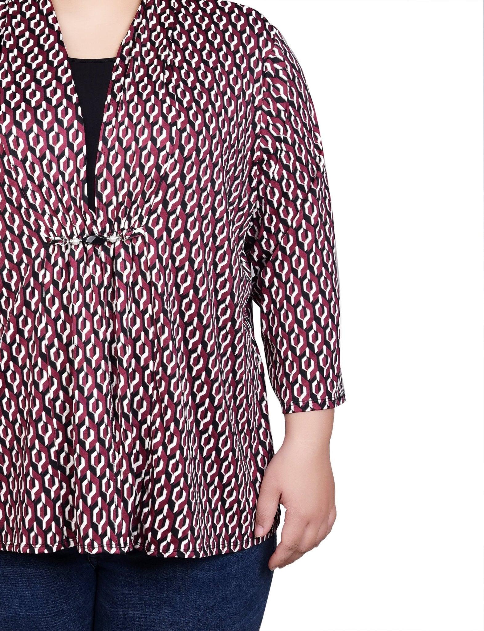 Maroon Black Geo 3/4 Sleeve Blouse With Necklace - Petite Product Image