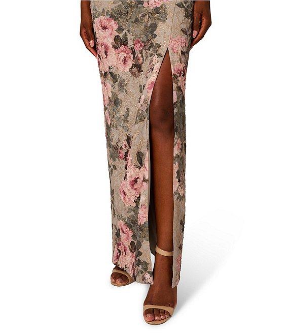 Adrianna Papell Floral Jacquard Off-The-Shoulder Cap Sleeve Front Slit Hem Column Dress Product Image