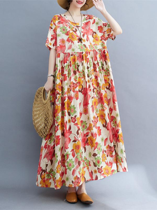 Loose Short Sleeves Pleated Printed Split-Joint Round-Neck Midi Dresses Product Image