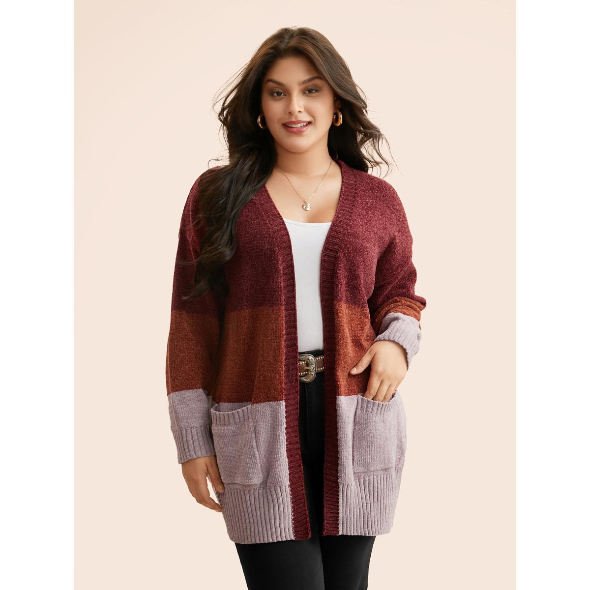 Plus Size Colorblock Contrast Patch Pocket Cardigan Yellowishbrown Women Leisure Loose Long Sleeve Casual Cardigans BloomChic 12/L Product Image