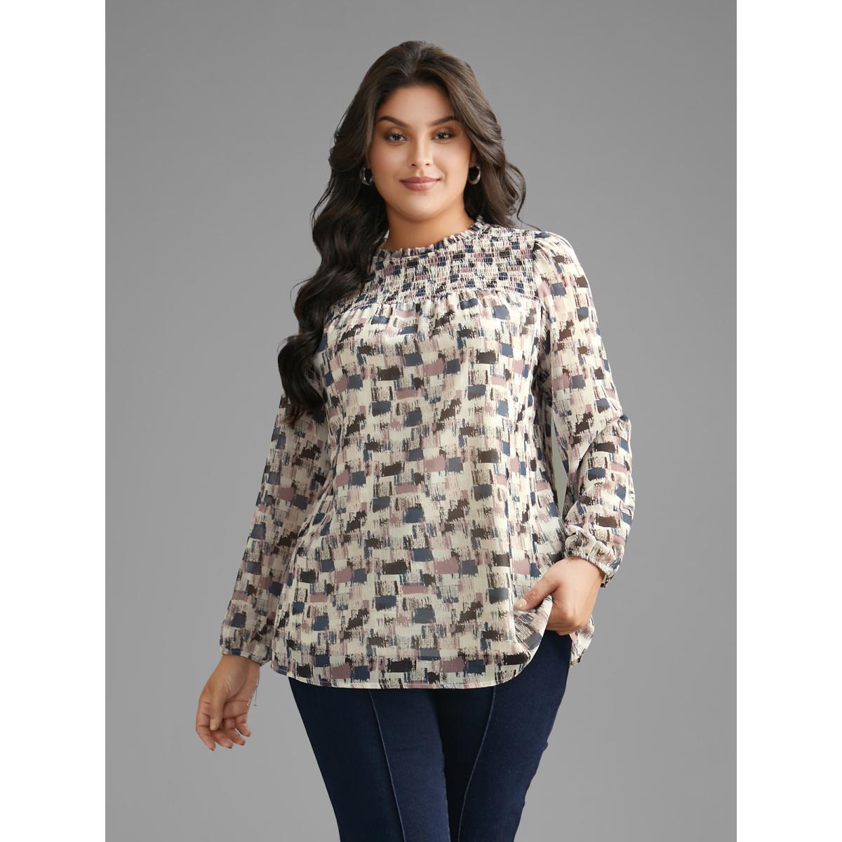 Plus Size Lilac Brush Print Shirred Ruffles Gathered Blouse Women Elegant Long Sleeve Mock Neck Everyday Blouses BloomChic 14-16/1X Product Image