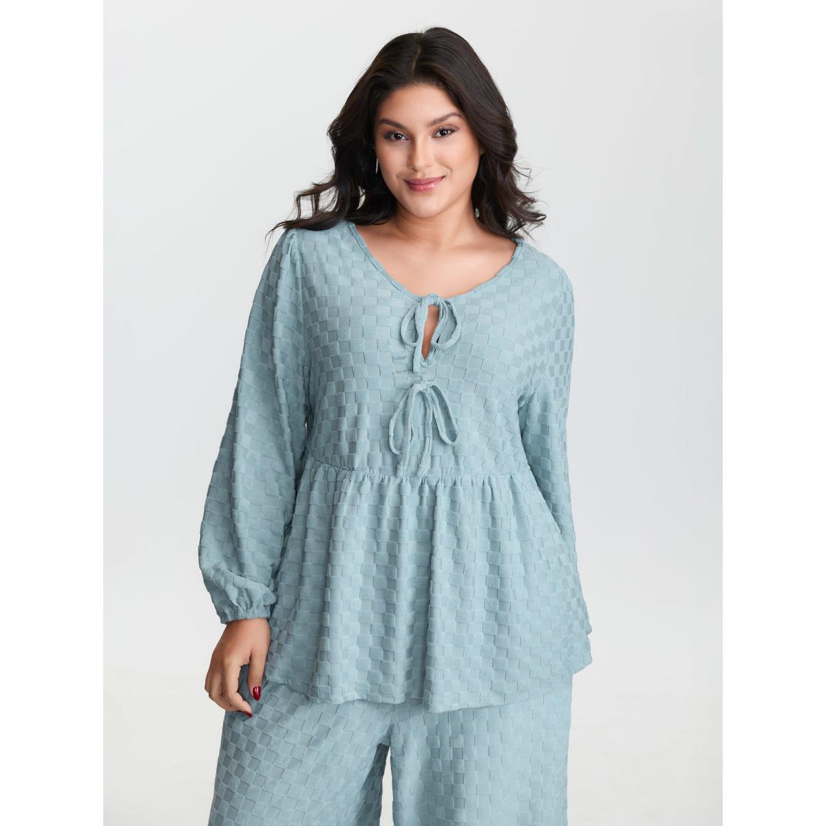 Plus Size Checkered Textured Co-ord Lounge Set Women LightBlue Tie knot Extra Long Sleeve V-neck Leisure Loungewear Sets BloomChic 30/6X Product Image