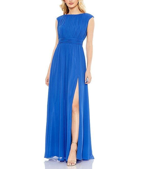 Mac Duggal Pleated Boat Neck Chiffon A-Line Gown Product Image
