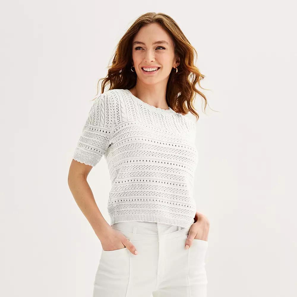 Women's Draper James Short Sleeve Pointelle Sweater, Size: XS, White Product Image
