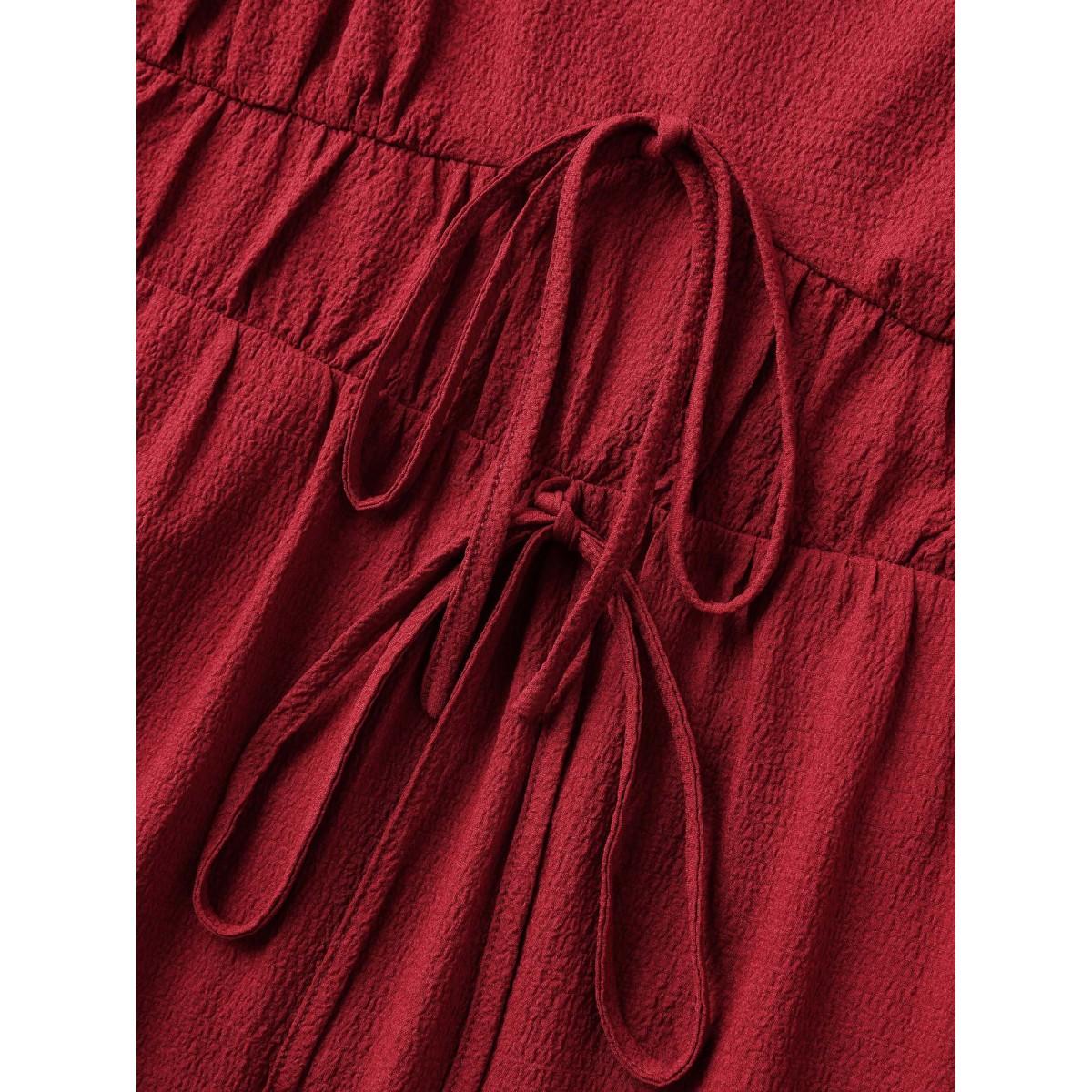 Plus Size Stretchy Waist Tiered Solid Midi Dress Burgundy Women Heart neckline Cap Sleeve Curvy BloomChic 26/4X Product Image