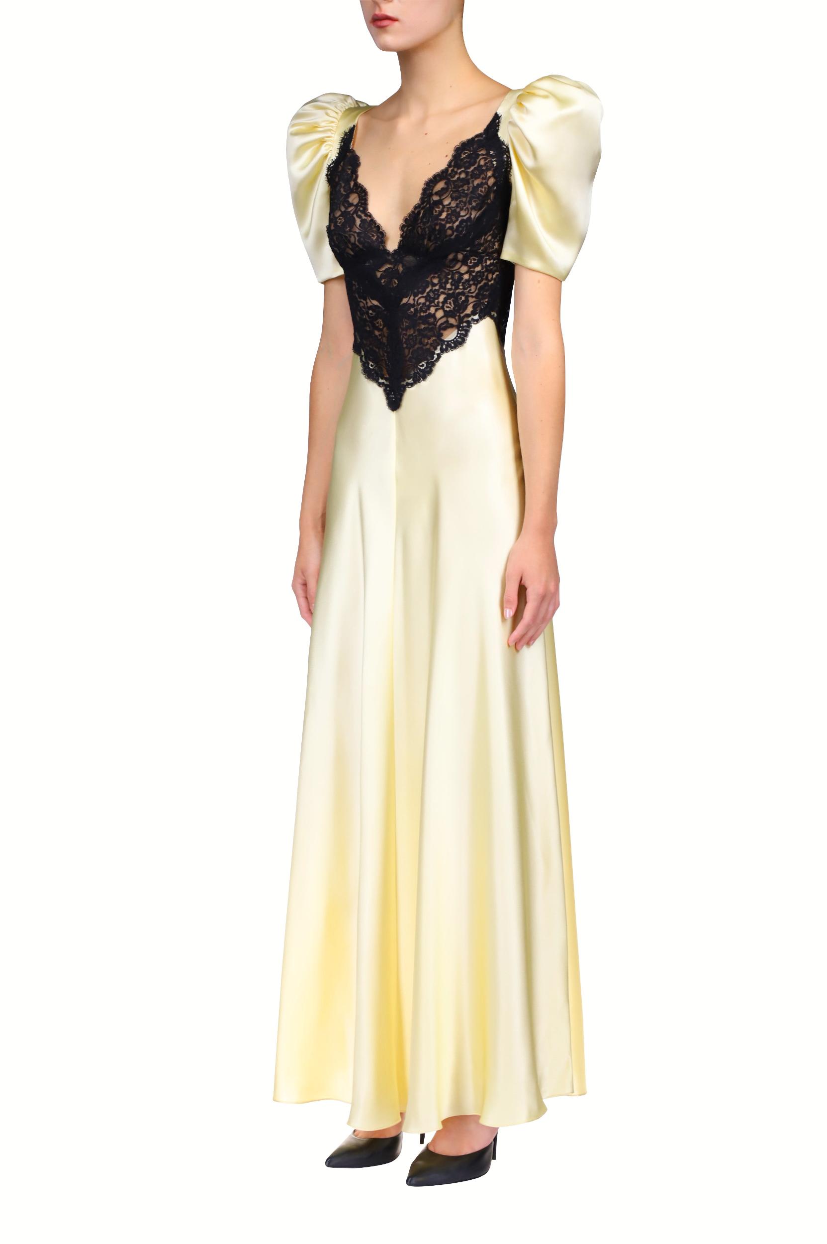 Yellow Silk Satin Bias Dress With Black Lace Bodice Detail Product Image