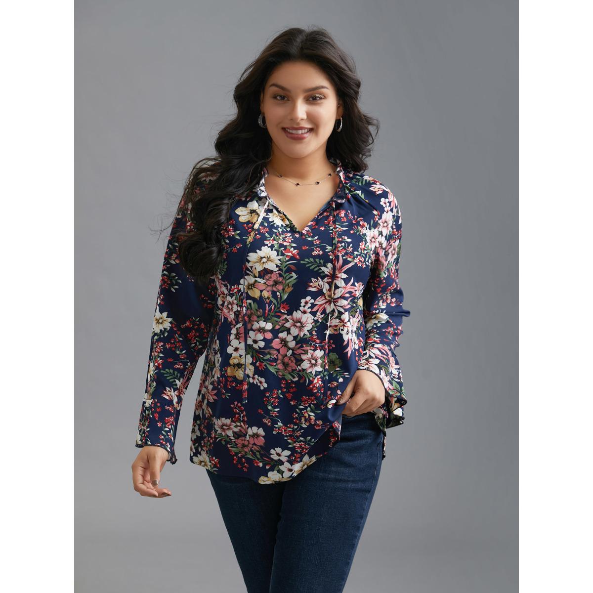 Plus Size Indigo Floral Tie Knot Flutter Sleeve Blouse Women Elegant Long Sleeve V-neck Everyday Blouses BloomChic 12/L Product Image