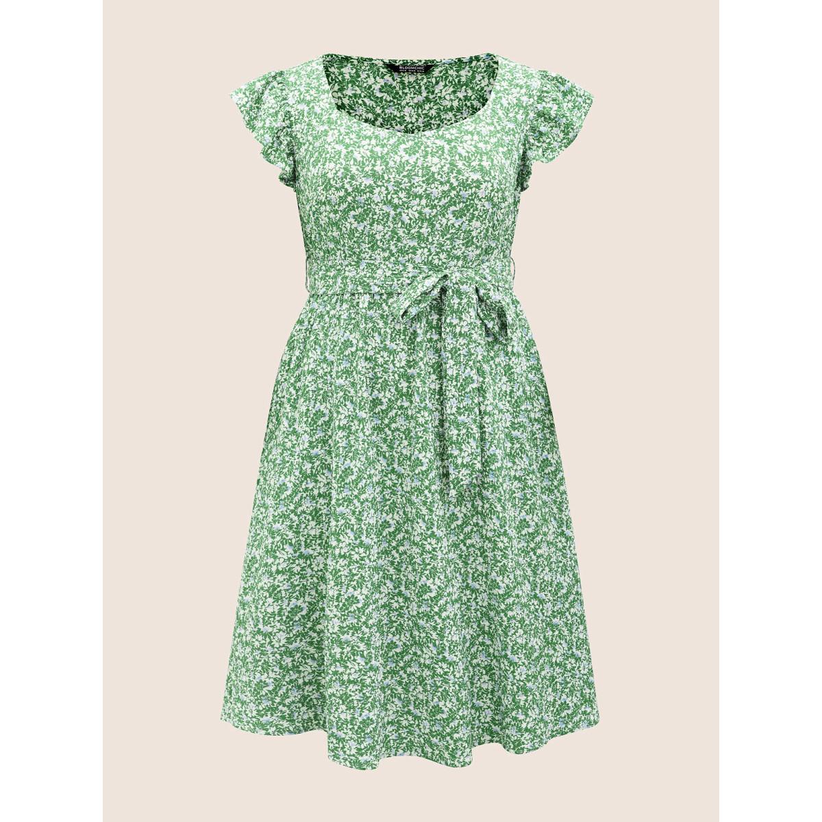 Plus Size Ditsy Floral Belted Flutter Cap Sleeve Dress Green Women Elegant Non Square Neck Cap Sleeve Curvy Midi Dress BloomChic 26/4X Product Image