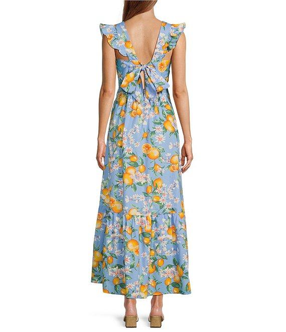 Skies Are Blue Lemon Print V-Neck Cap Sleeve Tie Back Ruffled Maxi Dress Product Image