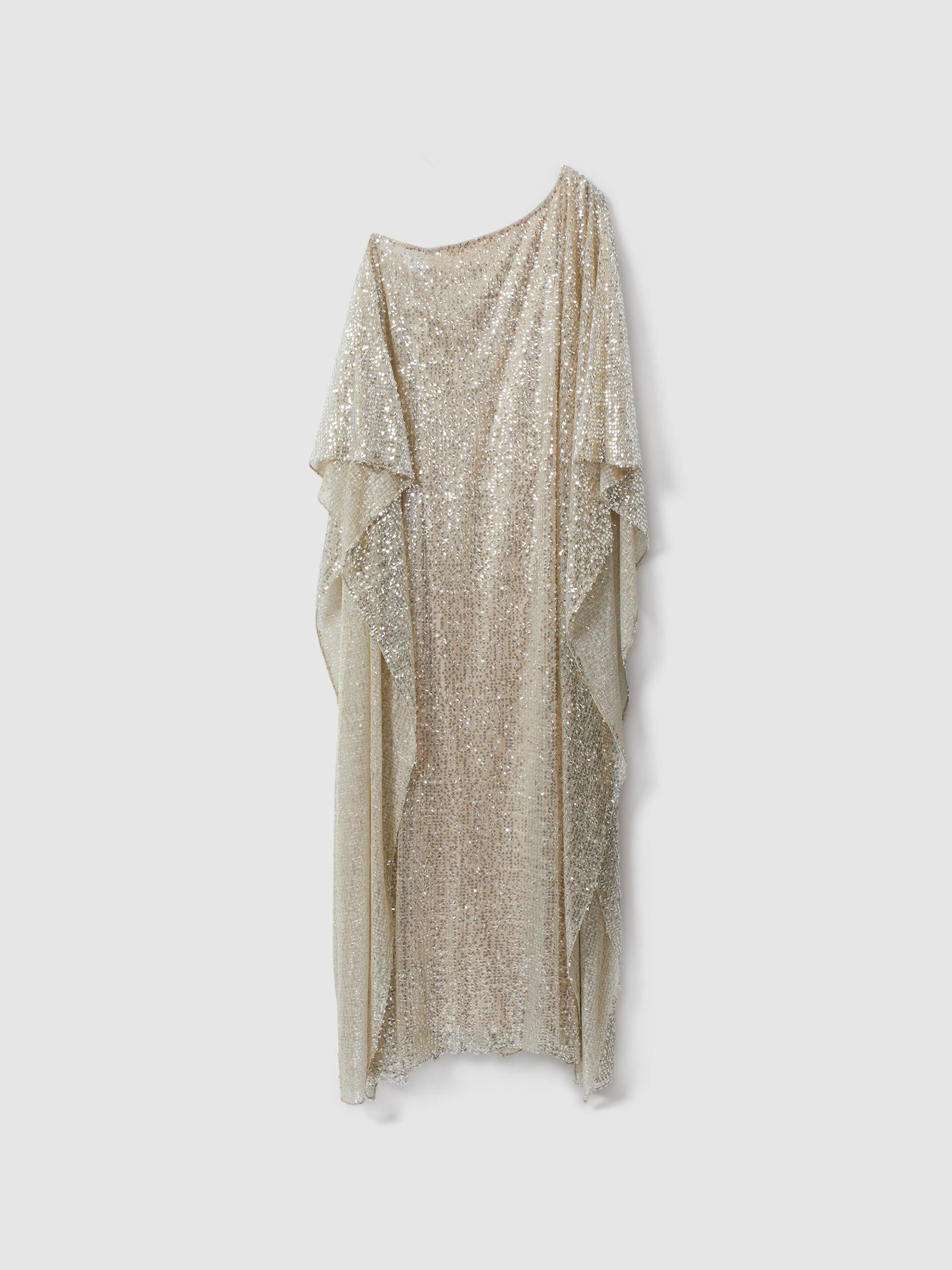 Halston Sequin Off-The-Shoulder Maxi Dress in Champagne Product Image