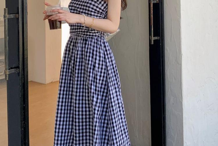 Maternity Open Front Plain Cardigan / Spaghetti Strap Plaid Midi A-Line Dress Product Image
