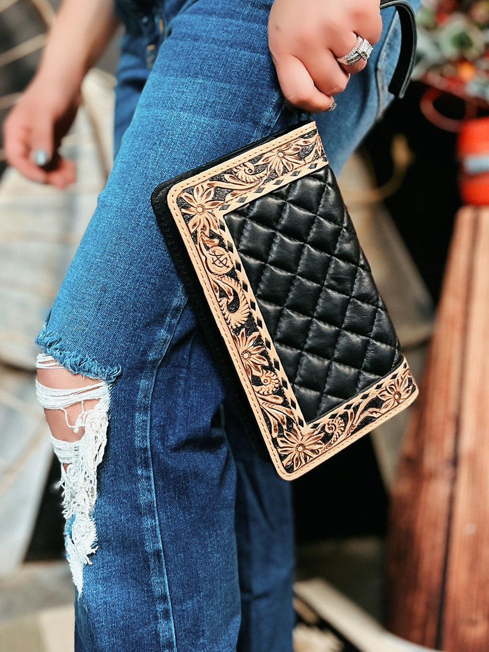Darling Quilted Black Leather Crossbody Bag With Tooled Leather Border Product Image
