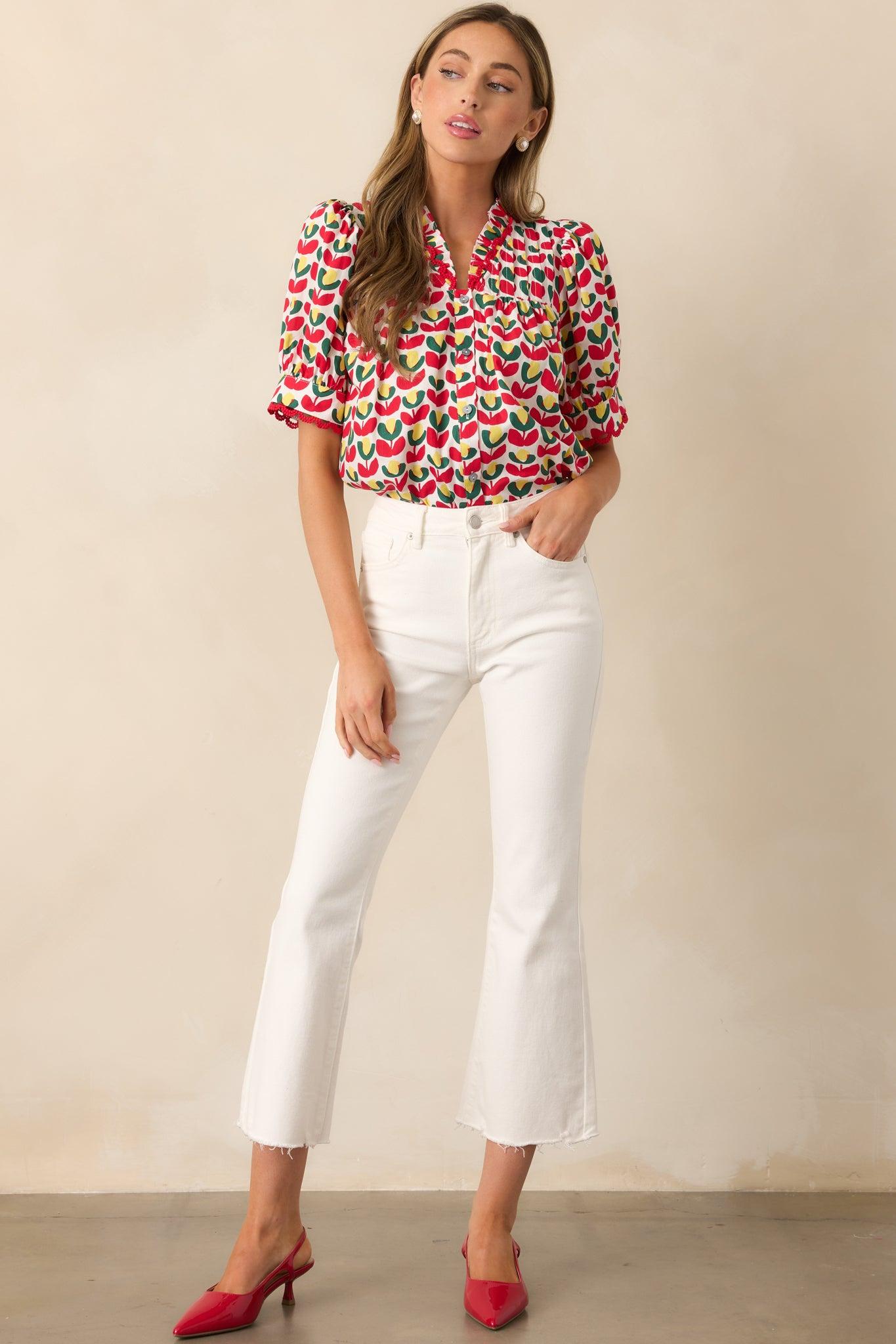 Lemonade Stand Cotton Red Floral Button Front Blouse Product Image
