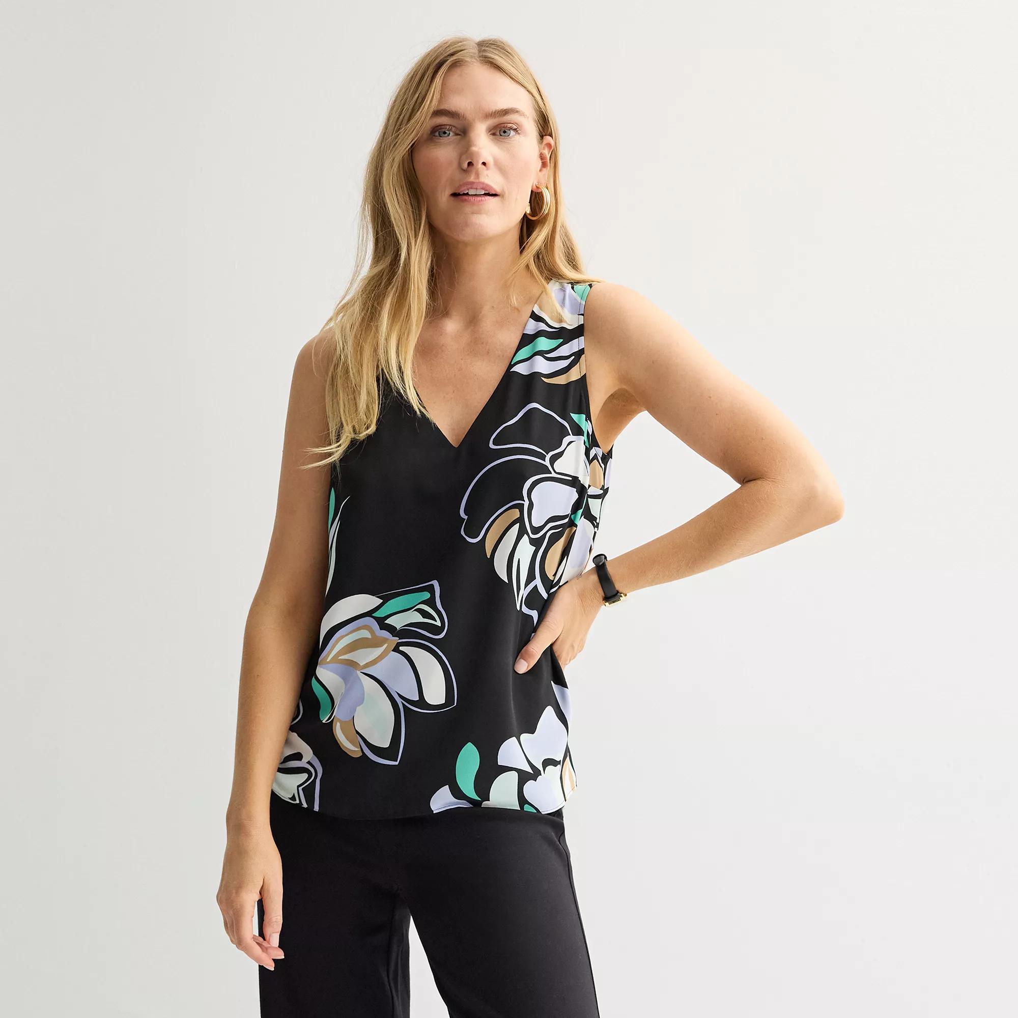 Women's Petite Nine West V-Neck Tank Top, Size: Medium Petite, Black Olivia Floral Product Image