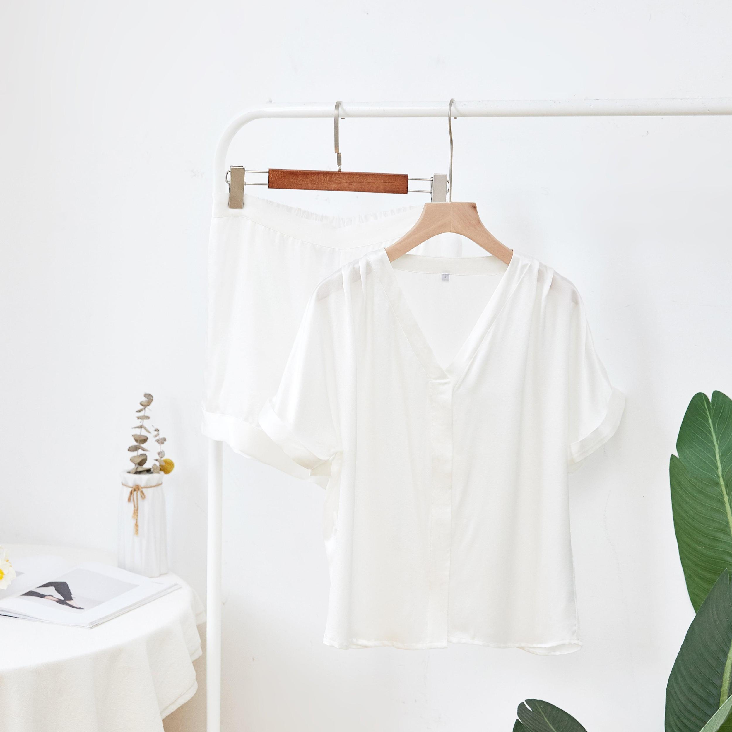 Pearl White Pure Mulberry Silk Top and Shorts Set | Soar Collection Product Image