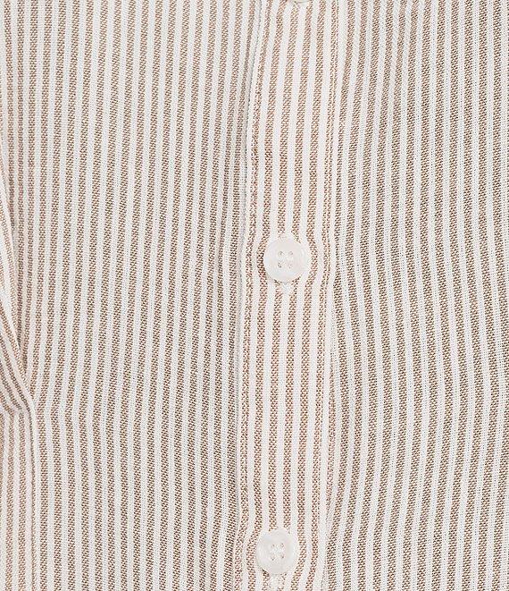 Moa Moa Linen Striped Point Collar Short Sleeve Button Front Cinched Top Product Image