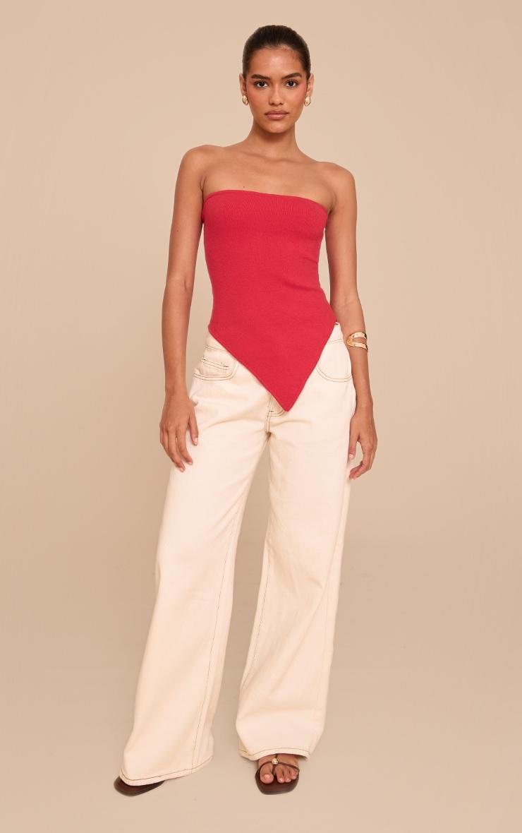 Red Fine Knit Bandeau Asymmetric Hem Top Product Image