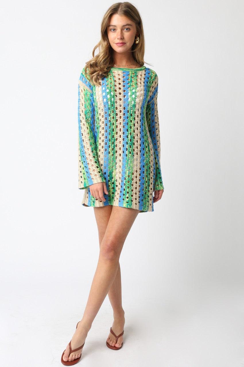 Ollie Crochet Striped Mini Dress | Blue Green Product Image