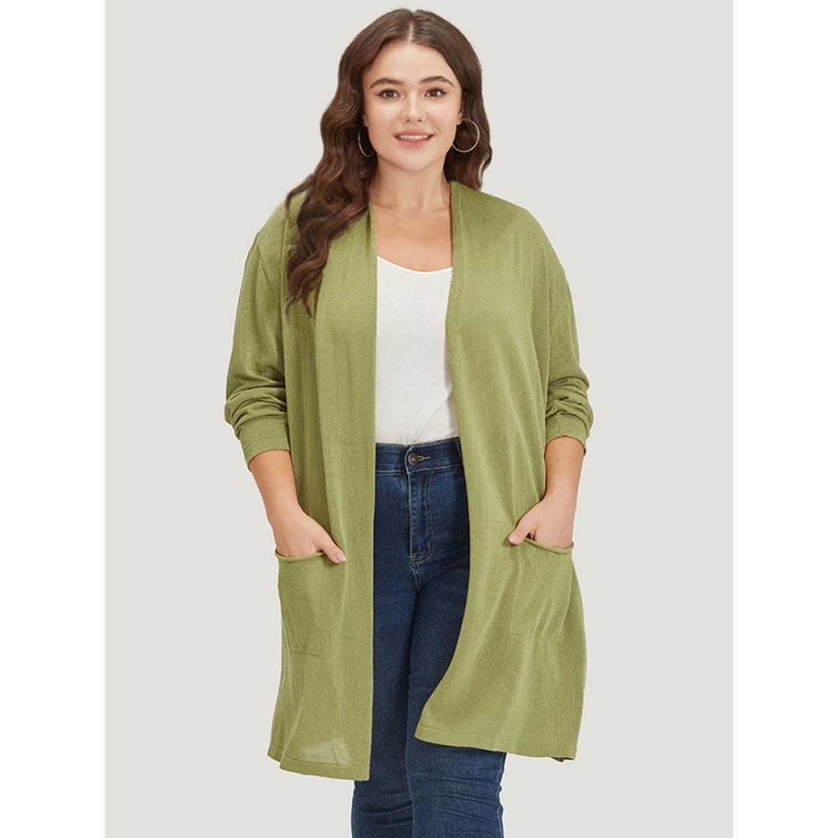 Plus Size Solid Patched Pocket Open Front Tunic Cardigan Moss Women Casual Loose Long Sleeve Dailywear Cardigans BloomChic 10/M Product Image