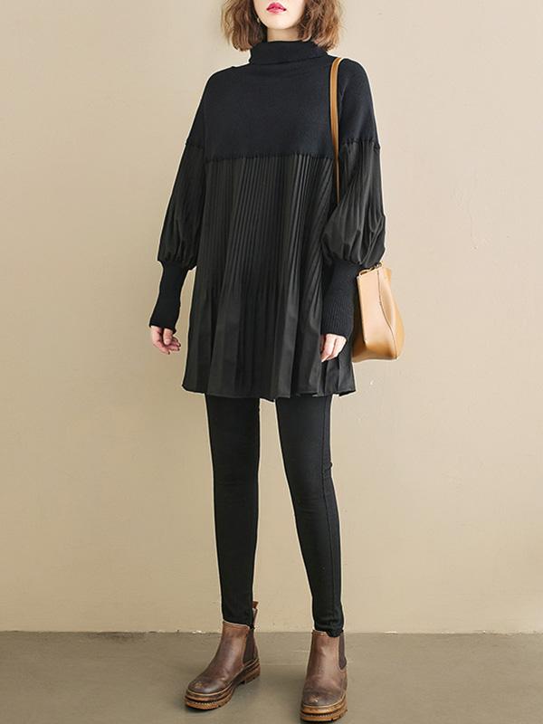 Knitting Pleats Split-Joint High-Neck Pullover Top Product Image