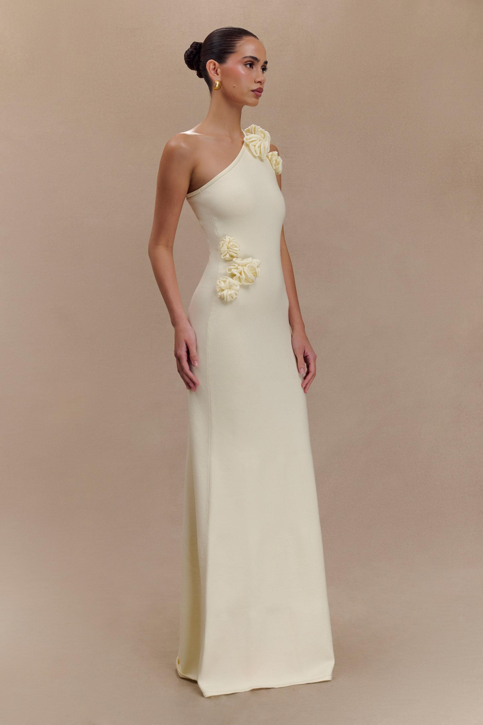Paloma One Shoulder Knit Maxi Dress With Flowers - Ivory Product Image
