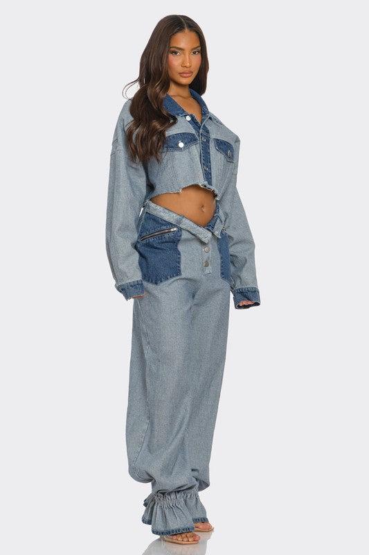 Cropped Contrast Denim Set Product Image