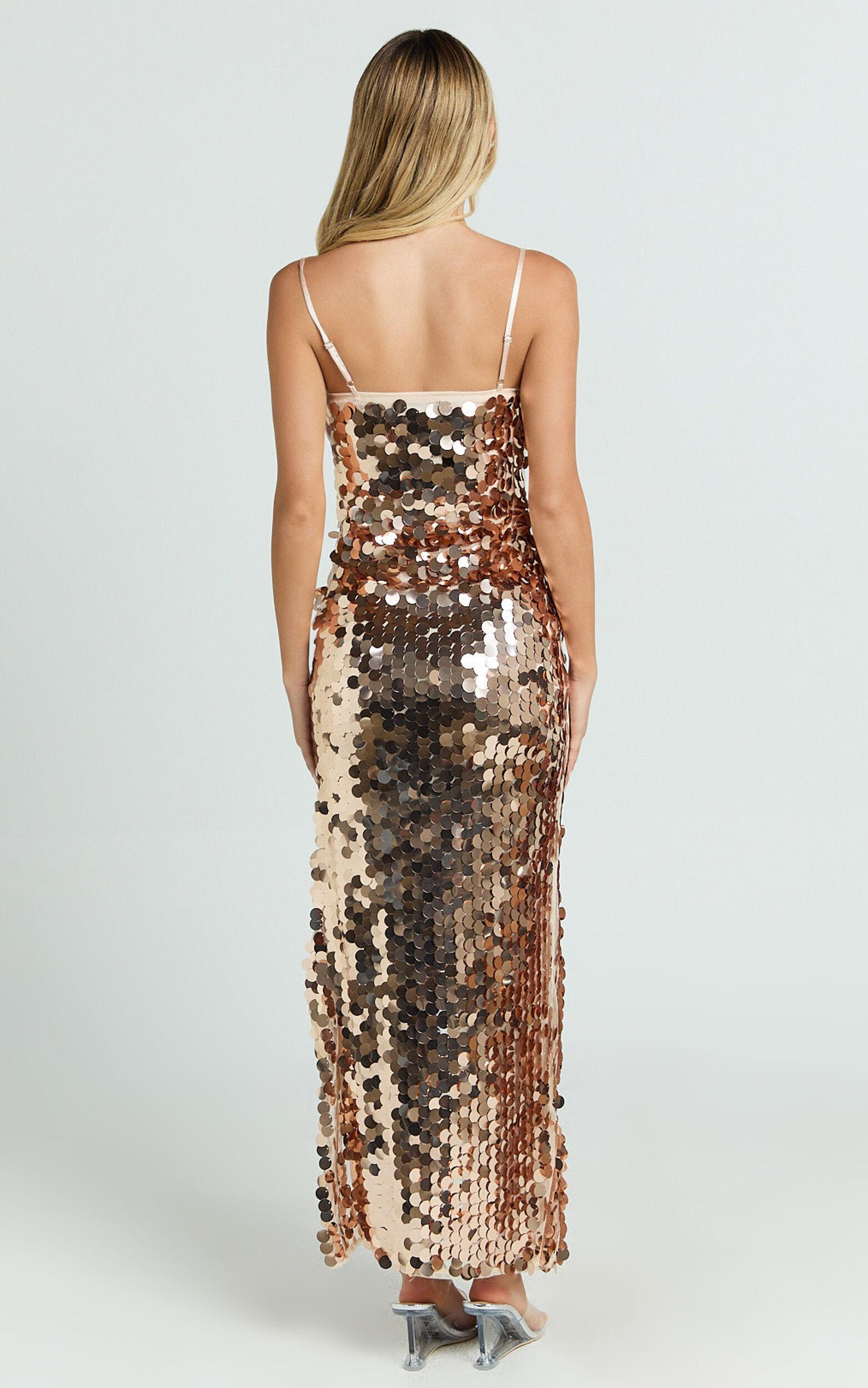 Wilfreda Maxi Dress - Sequin Square Neck Bodycon Dress in Rose Gold Product Image