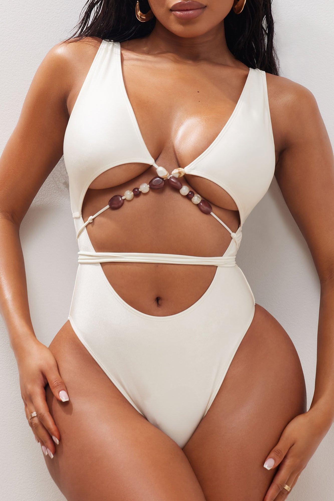Pebble Beach Beaded 1 Piece Swimsuit - Cream Product Image
