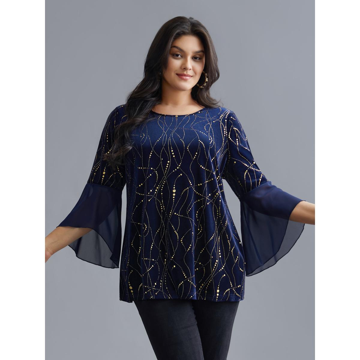 Plus Size Indigo Velvet Glitter Mesh Bell Sleeve Patchwork Blouse Women Cocktail Elbow-length sleeve Round Neck Party Blouses BloomChic 12/L Product Image