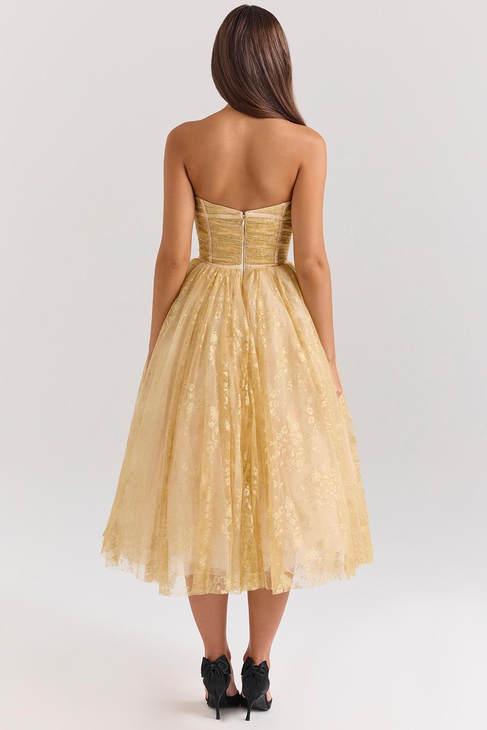 Madame  gold metallic lace tulle midi gown Product Image